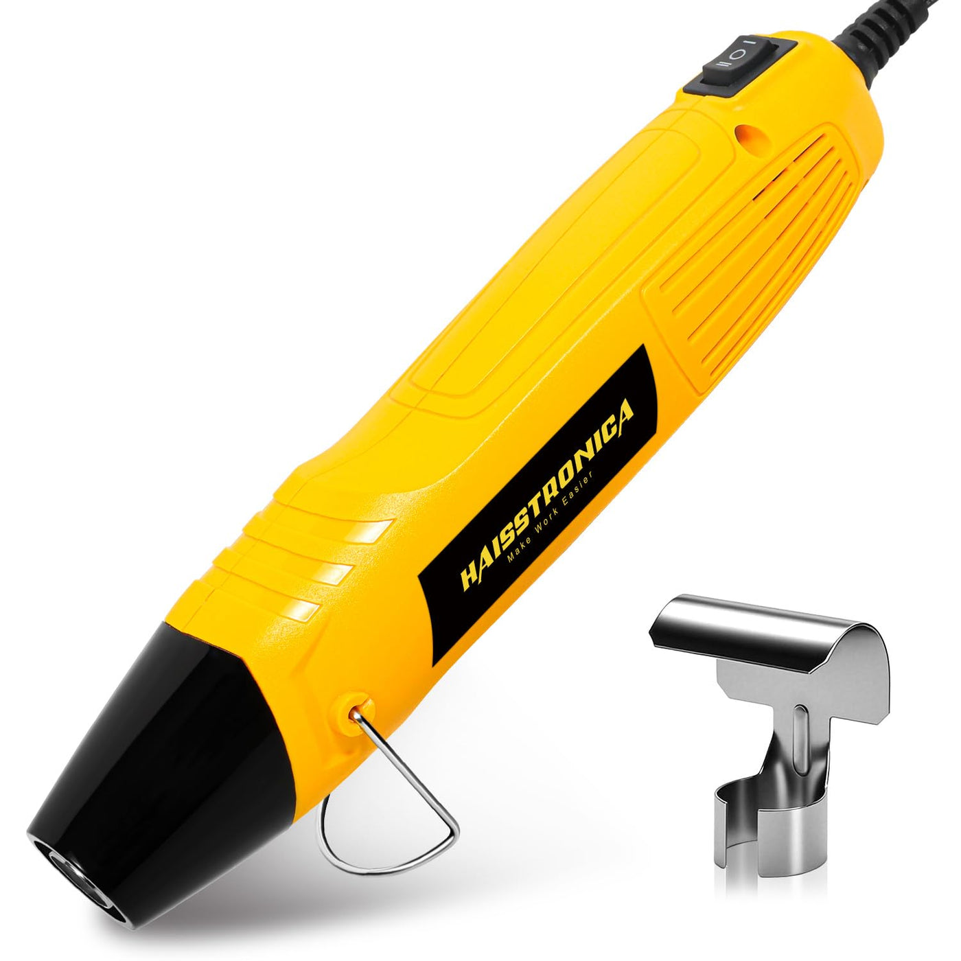 Workbench scene using heat gun wire connectors; precise heating shrinks sleeves on cables for sealed connections.