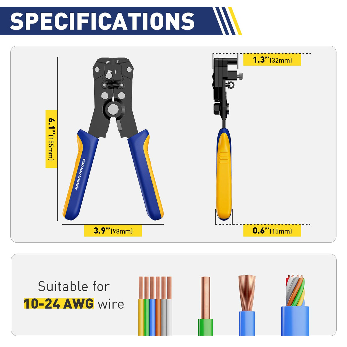 Specification chart for Haisstronica cable stripers, showing tool dimensions and supported 10–24 AWG wire sizes