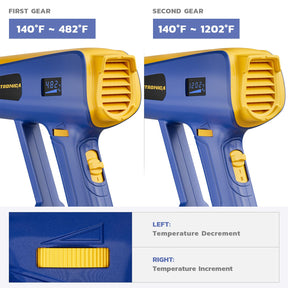 Haisstronica soldering heat gun: Dual-gear temperature control (482°F-1202°F) with increment/decrement buttons.
