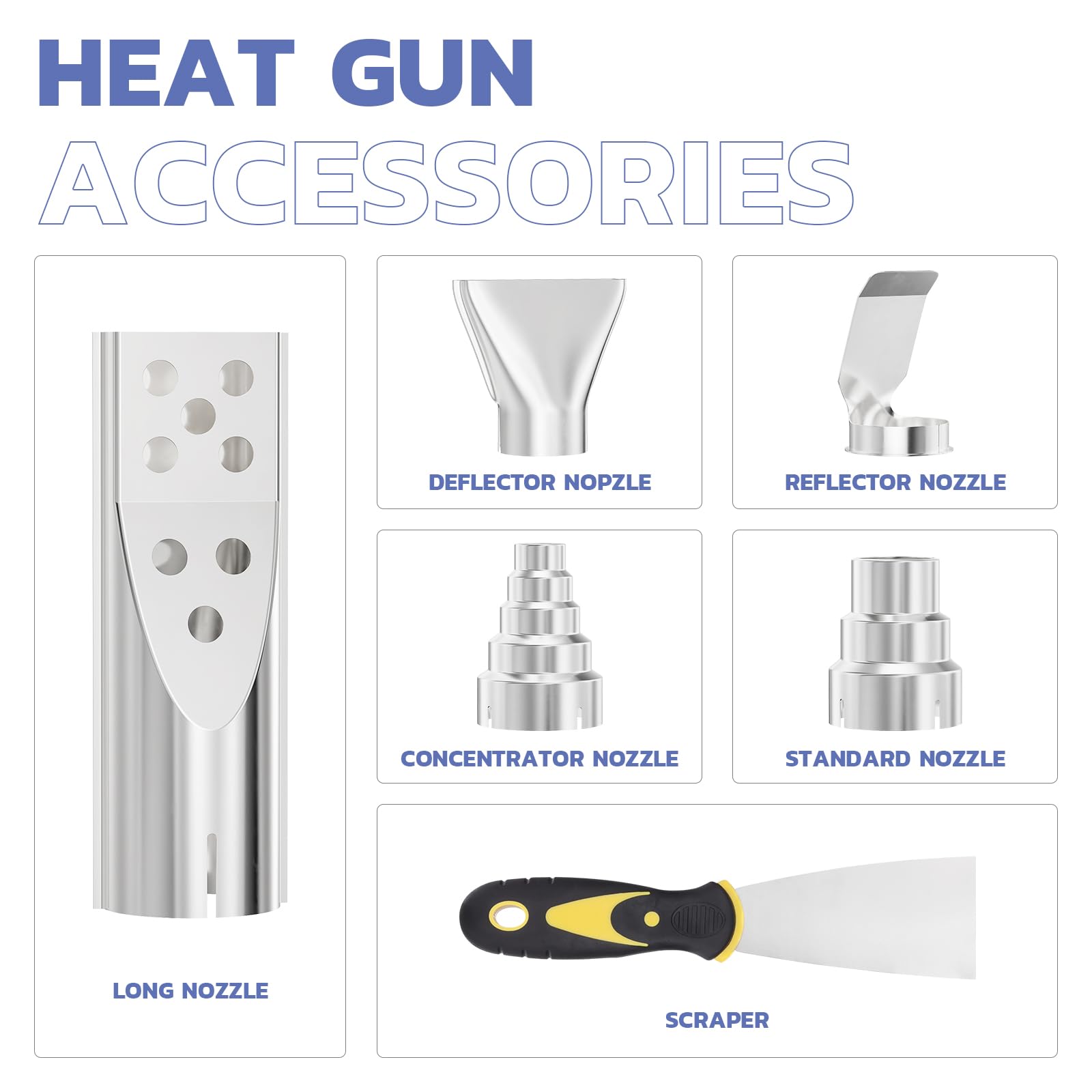 Haisstronica shrink tube heat gun accessories: Includes concentrator/reflector nozzles and scraper for versatile use.