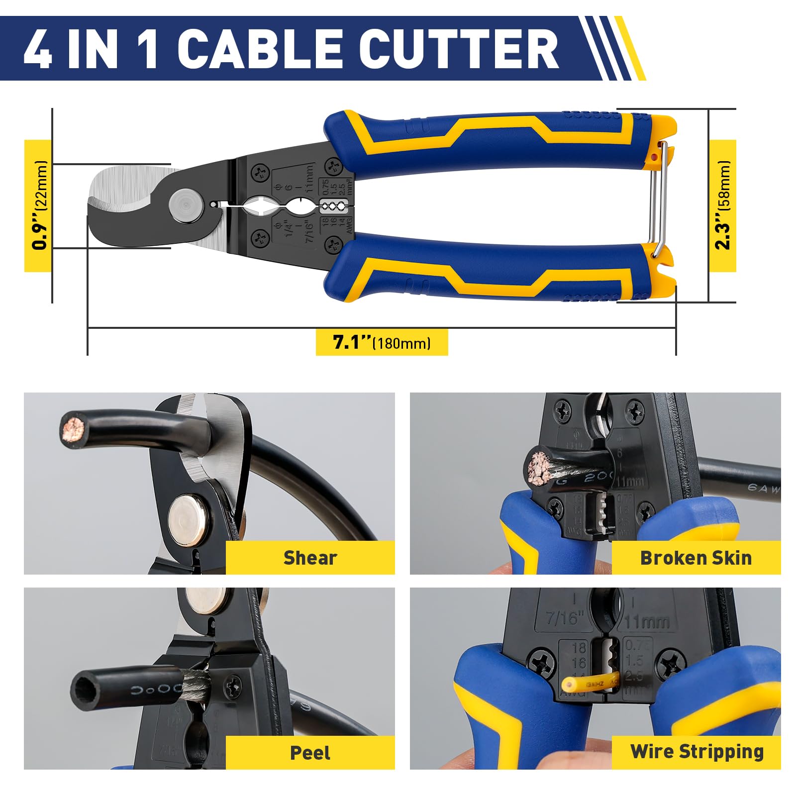 Haisstronica best cable cutters: 4-in-1 tool (180mm) for cutting, skin breaking, peeling, and wire stripping in electrical work.