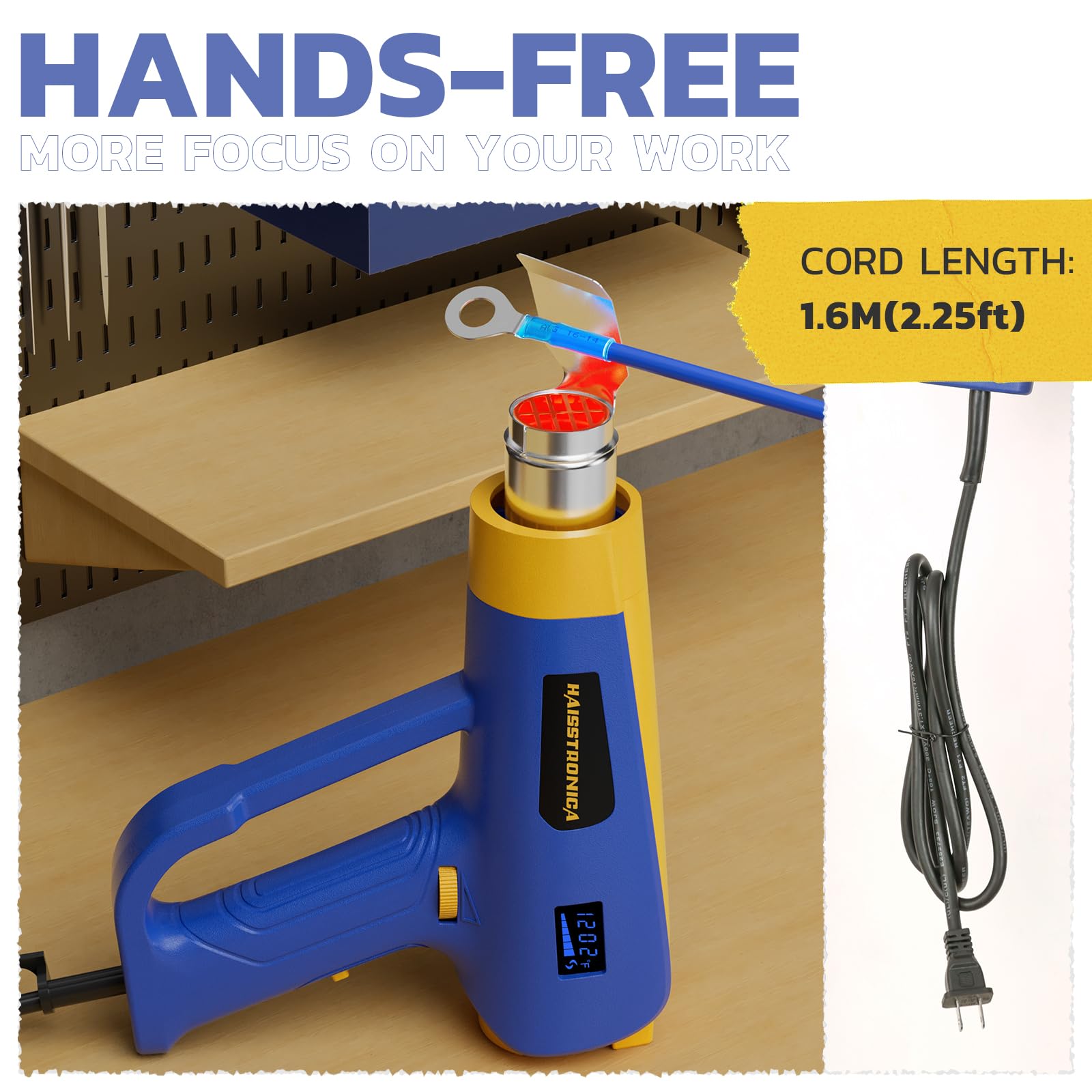 Haisstronica best heat gun: Hands-free operation with 1.6m cord for focused work during projects.