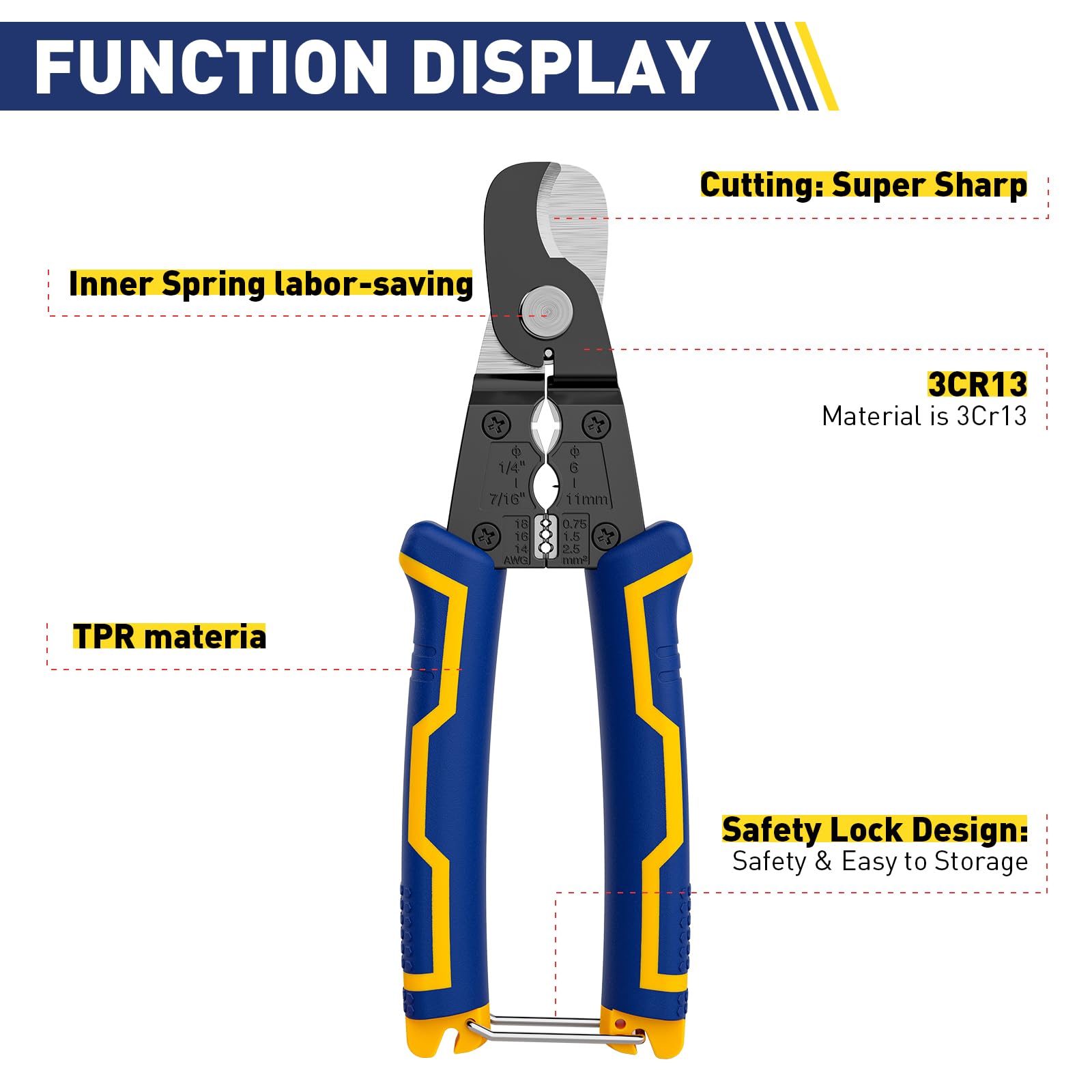 Haisstronica heavy duty cable cutters: 3Cr13 steel blades with TPR anti-slip handles, safety lock, and labor-saving spring mechanism.