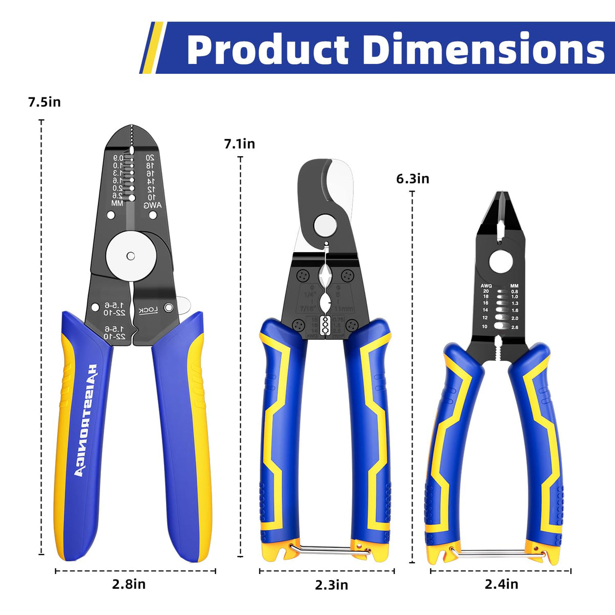 Dimensions of Haisstronica adjustable wire strippers: 7.5" length with 0.01-0.24mm precision settings for accurate stripping.