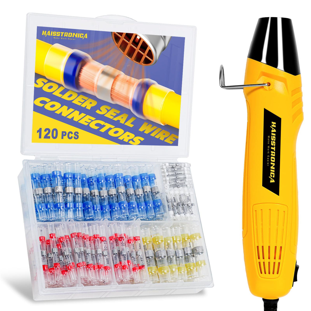 Haisstronica kit with heat gun for electrical heat shrink tubing and 120 solder seal connectors in plastic case.