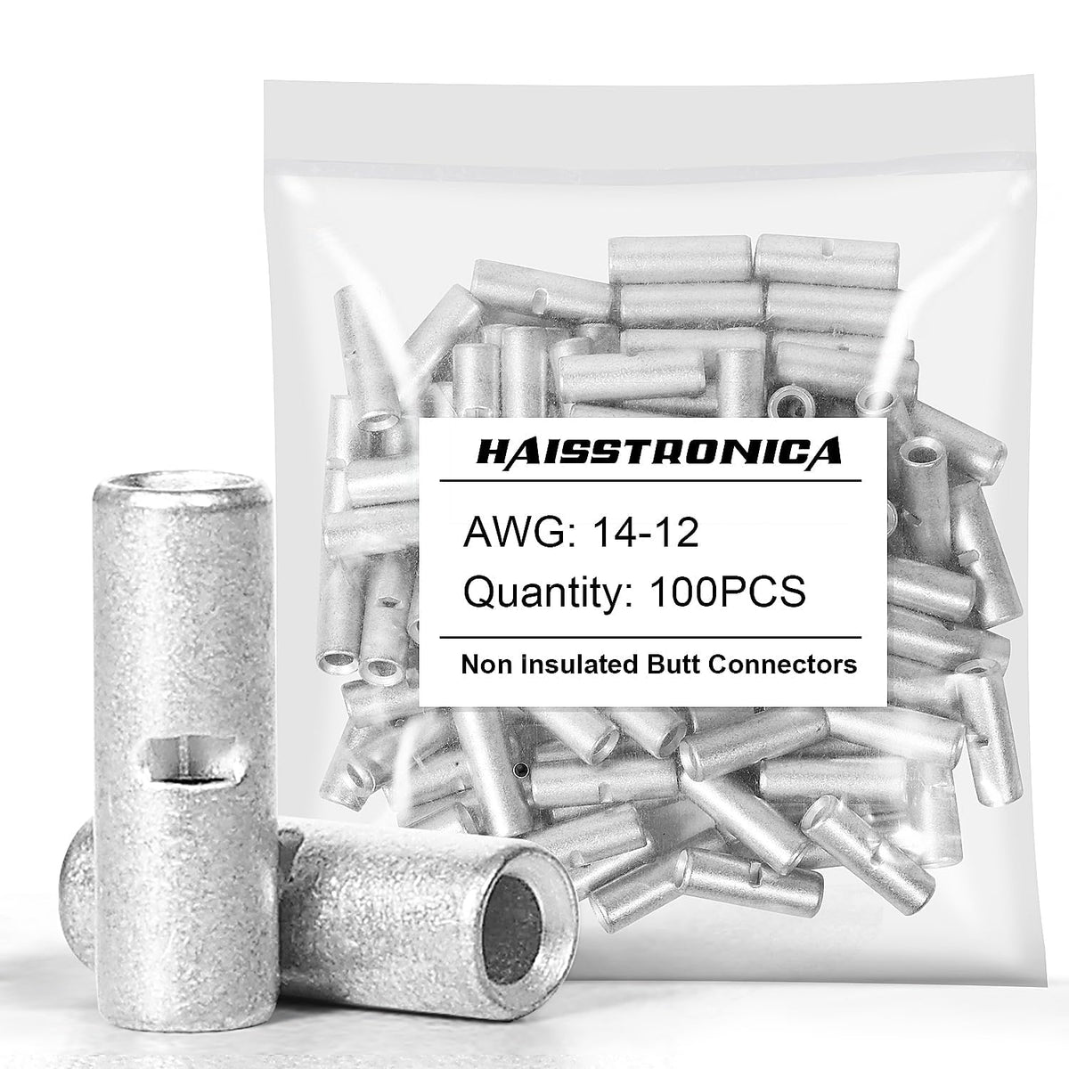 Haisstronica non insulated butt connectors: 100pcs AWG14-12 set with heat shrink tubing for electrical repairs.