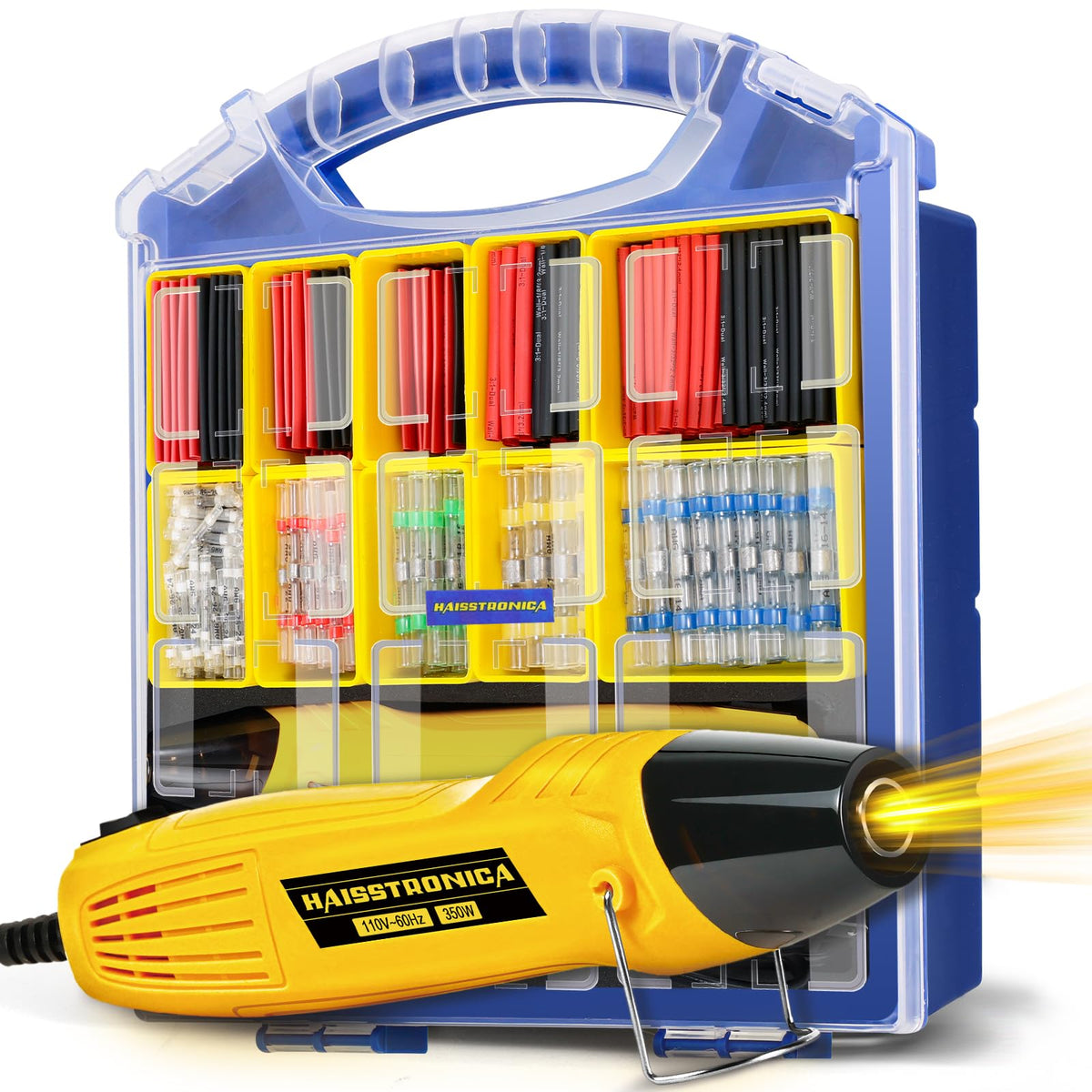 Haisstronica heat gun for electrical connectors shown beside solder seal terminals, ready for safe vehicle wiring.