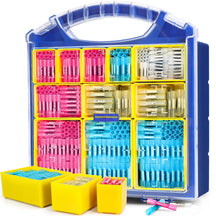 Organizer packed with pink, blue and yellow heat shrink sleeves, each butt splice wire terminal sorted by gauge labels.