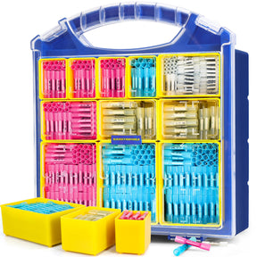 Organizer packed with pink, blue and yellow heat shrink sleeves, each butt splice wire terminal sorted by gauge labels.