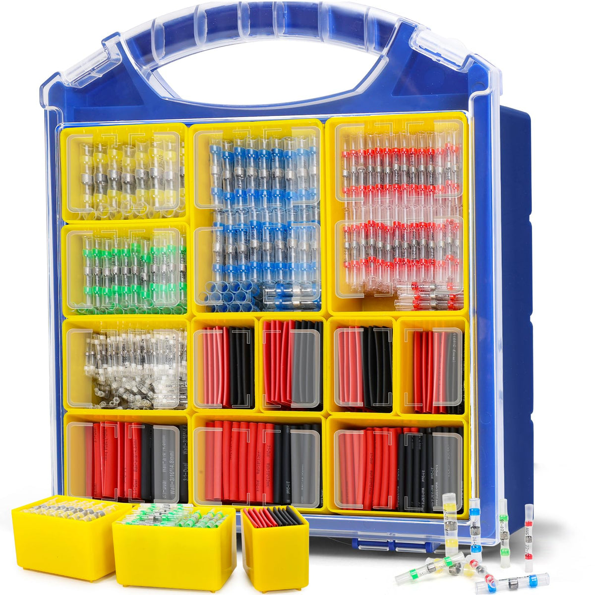 Carry case packed with heat shrink solder wire connectors and tubing, color sorted for fast waterproof wiring repairs.