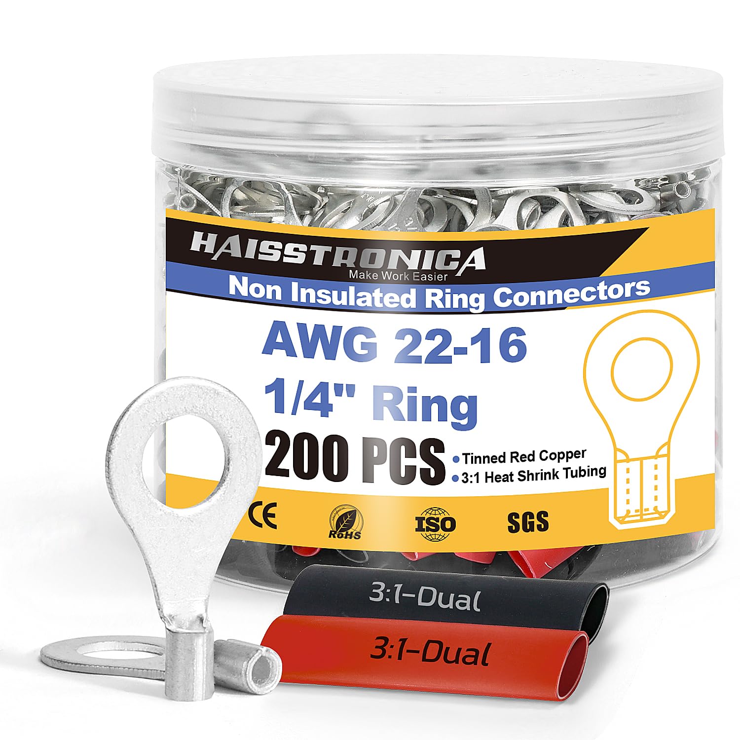 Jar holds haisstronica ring lugs and loose heat shrink pieces, forming a non insulated terminal kit for wiring jobs