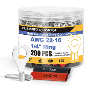 Jar holds haisstronica ring lugs and loose heat shrink pieces, forming a non insulated terminal kit for wiring jobs