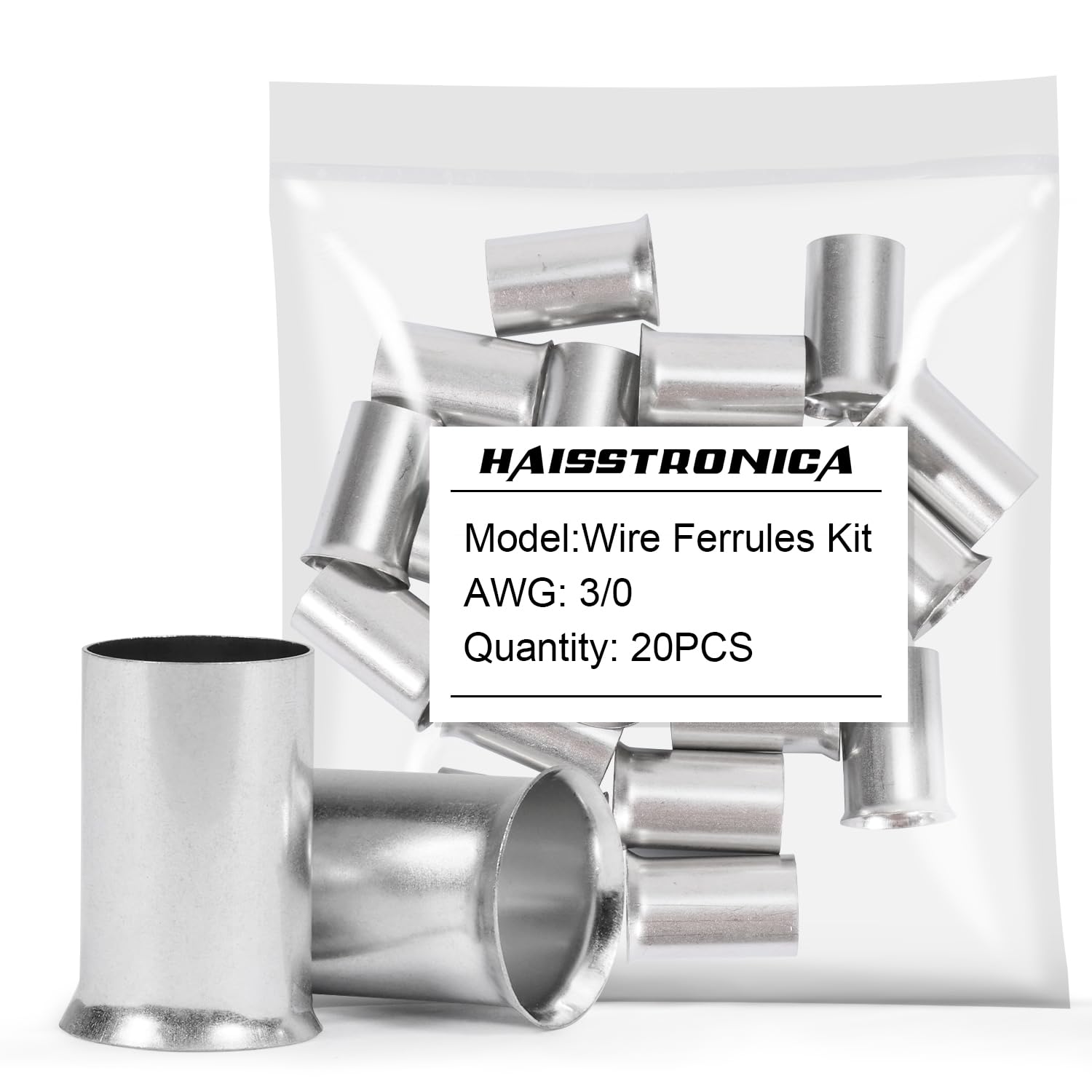 Wire ferrule kit for 1/0 AWG wires displayed with multiple tin-plated ferrules for easy crimping applications.