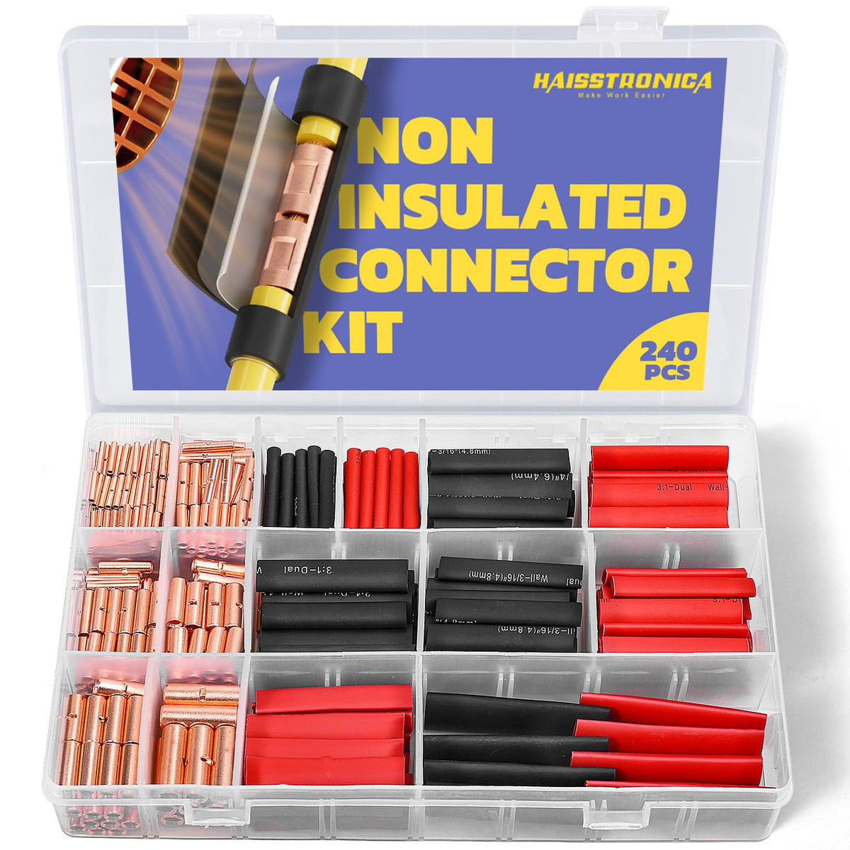 Haisstronica 240pcs non insulated wire terminal kit with copper butt connectors and heat shrink tubing for wiring