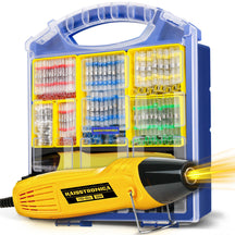 Closeup crimping tool digunakan untuk pressing terminals, heating with Haisstronica gun on insulated wire safely.