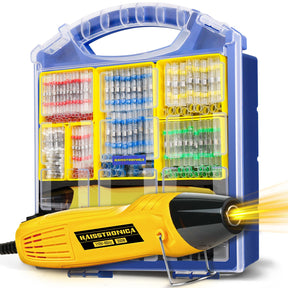 Closeup crimping tool digunakan untuk pressing terminals, heating with Haisstronica gun on insulated wire safely.