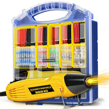 Storage case and Haisstronica heat gun for cable sleeving, packed with coded solder seal connectors for wiring tasks.