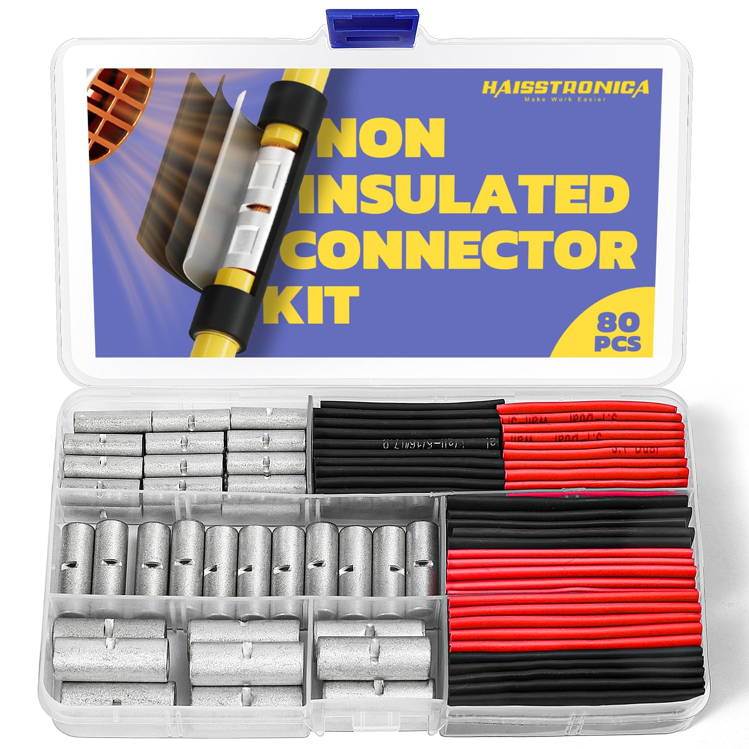 Haisstronica 80pcs uninsulated butt connector kit with mixed aluminum sleeves and heat shrink tubing for clean repairs