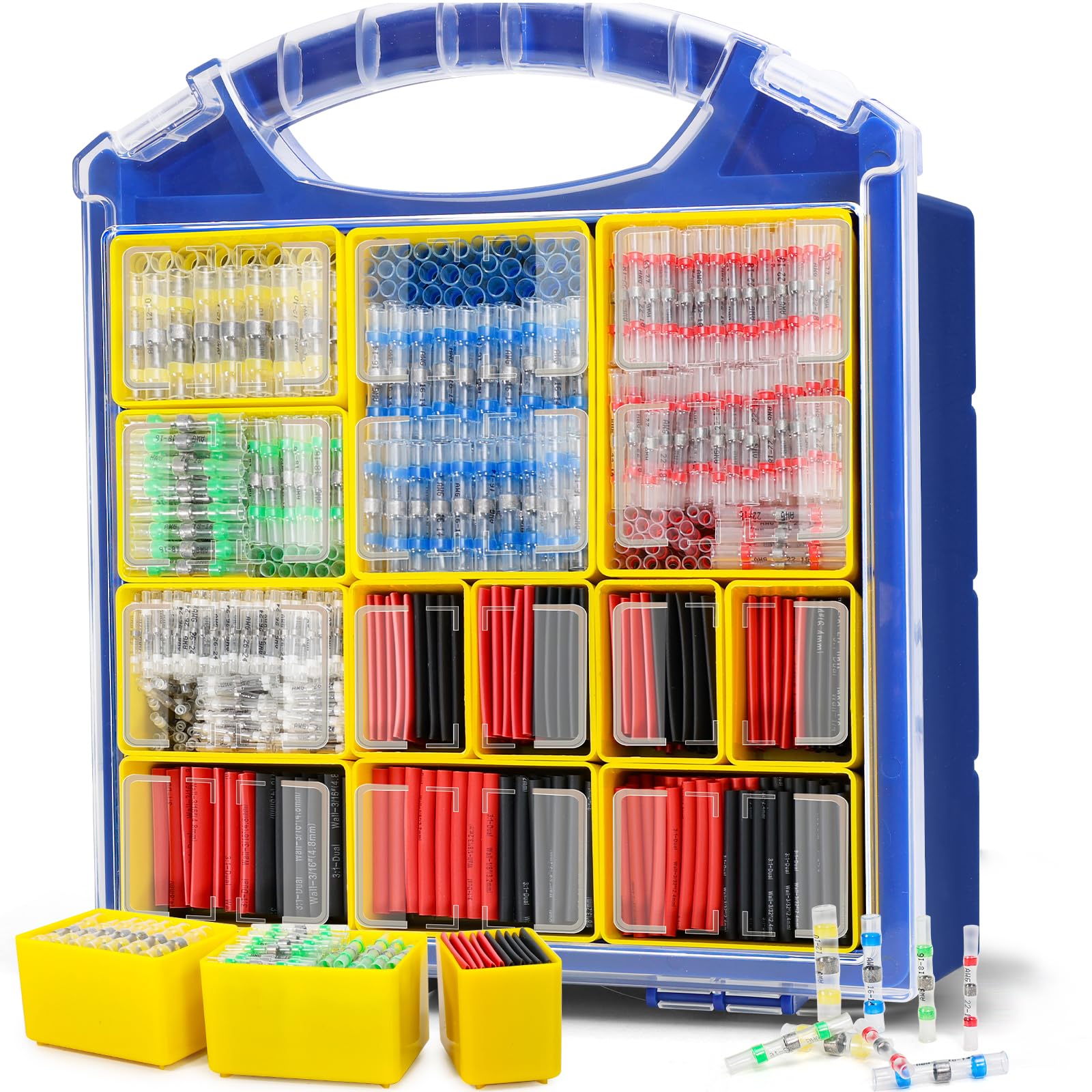 Organizer case filled with heat shrink solder sleeves in five colors for clean marine, trailer and household wiring.