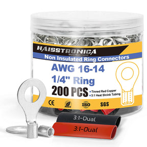 Haisstronica jar of tinned copper non insulated wire ring terminals with red and black heat shrink tubing for repairs