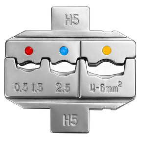 H5 die with red/blue/yellow markers for insulated terminals, crimping wires to connectors with consistent pressure.