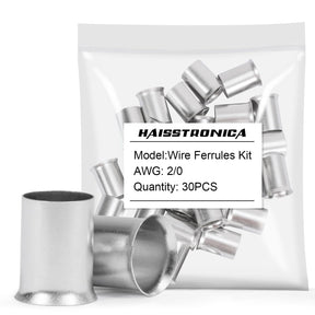 Wire ferrule kit for 3/0 AWG showing high-quality crimping ferrules in bag for cable electrical terminal use.