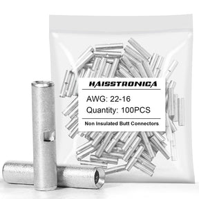 Haisstronica non insulated butt splice: 100pcs AWG22-16 connectors with 3:1 heat shrink tubing.