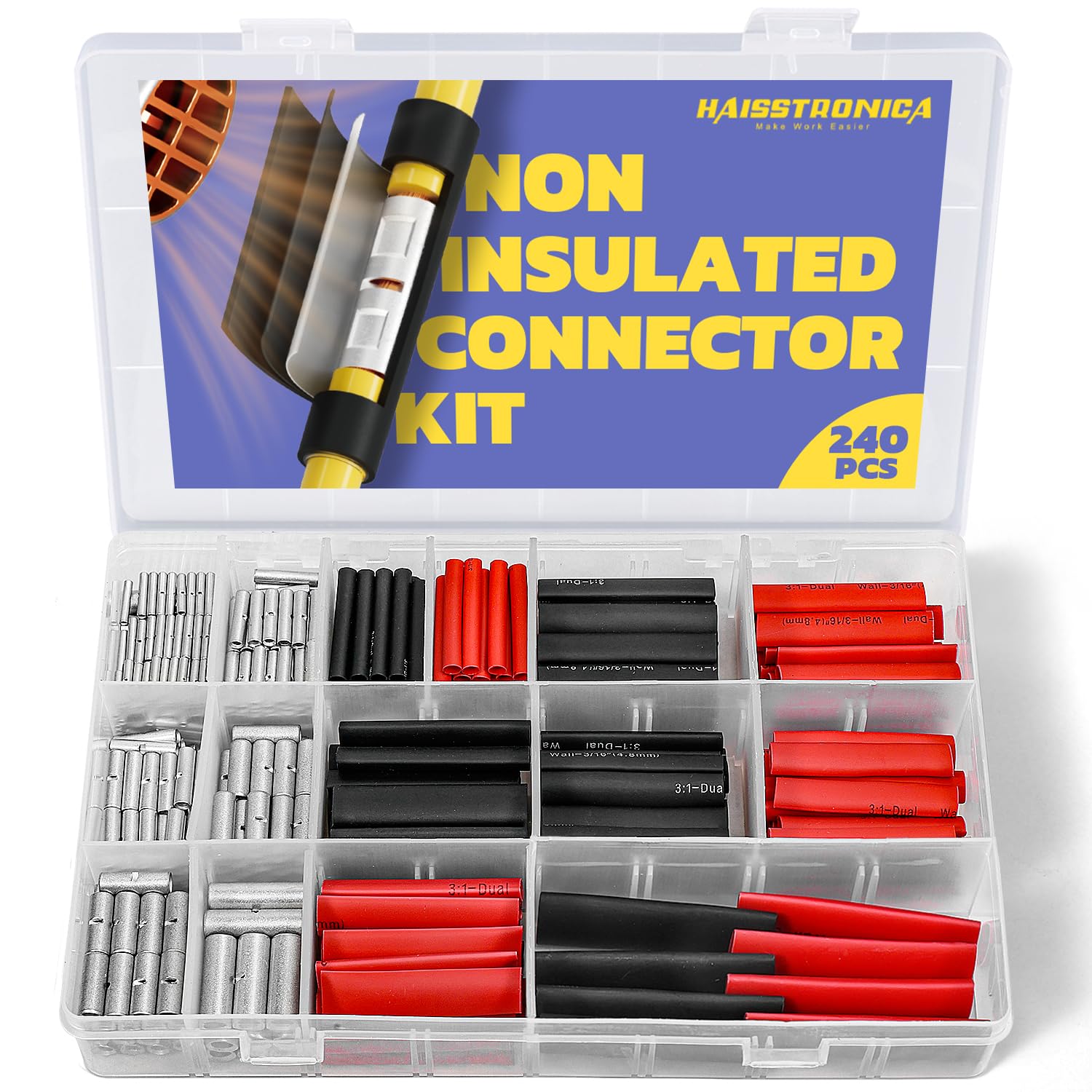 Haisstronica 240pcs non insulated terminal connectors kit with aluminum butt sleeves and heat shrink tubing for wiring