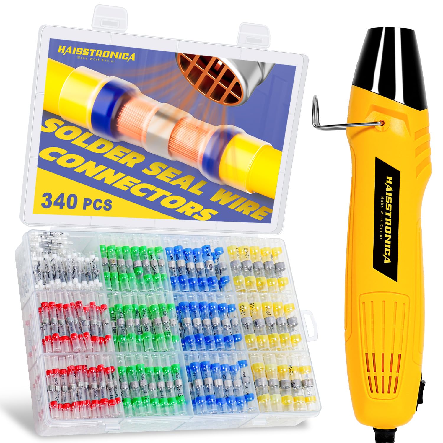 Haisstronica heat shrink gun for wiring shown with connectors in carry case, ideal for vehicle and marine repair jobs.