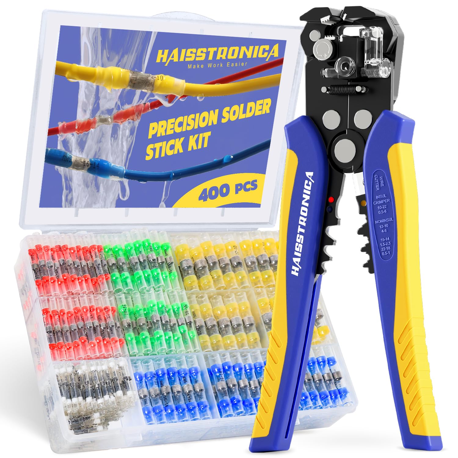 Haisstronica solder and heat shrink kit: 560-pc set with wire connectors (AWG12-26) and 3:1 shrink tubing in 7 key sizes.