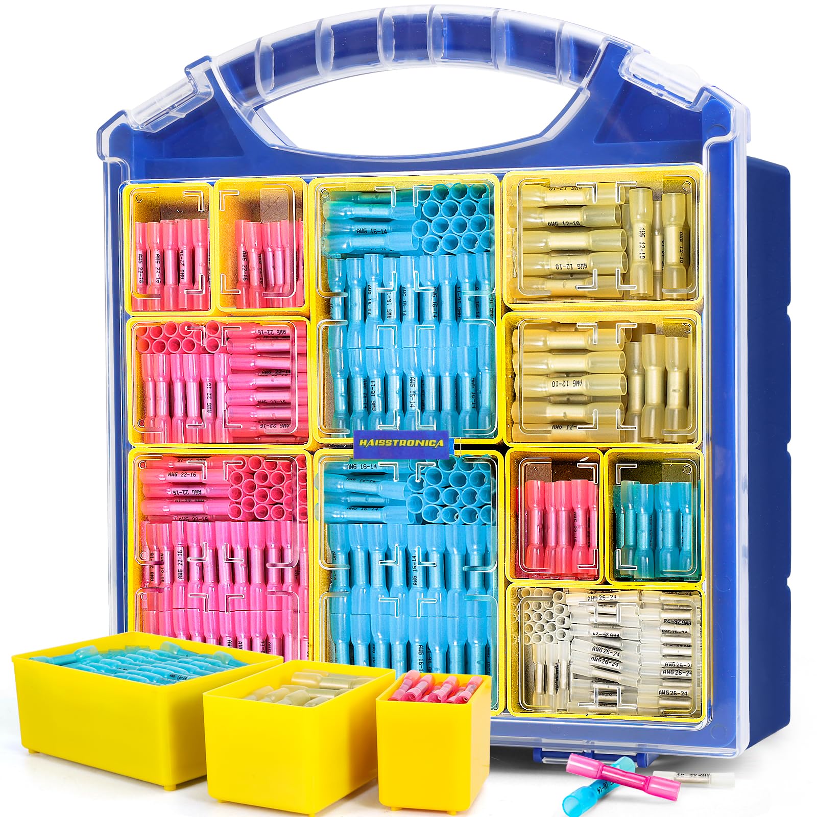 Organizer case with yellow, blue and pink terminals, providing assorted heat shrink wire butt splices arranged by size.