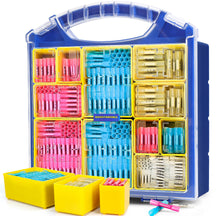 Organizer case with yellow, blue and pink terminals, providing assorted heat shrink wire butt splices arranged by size.
