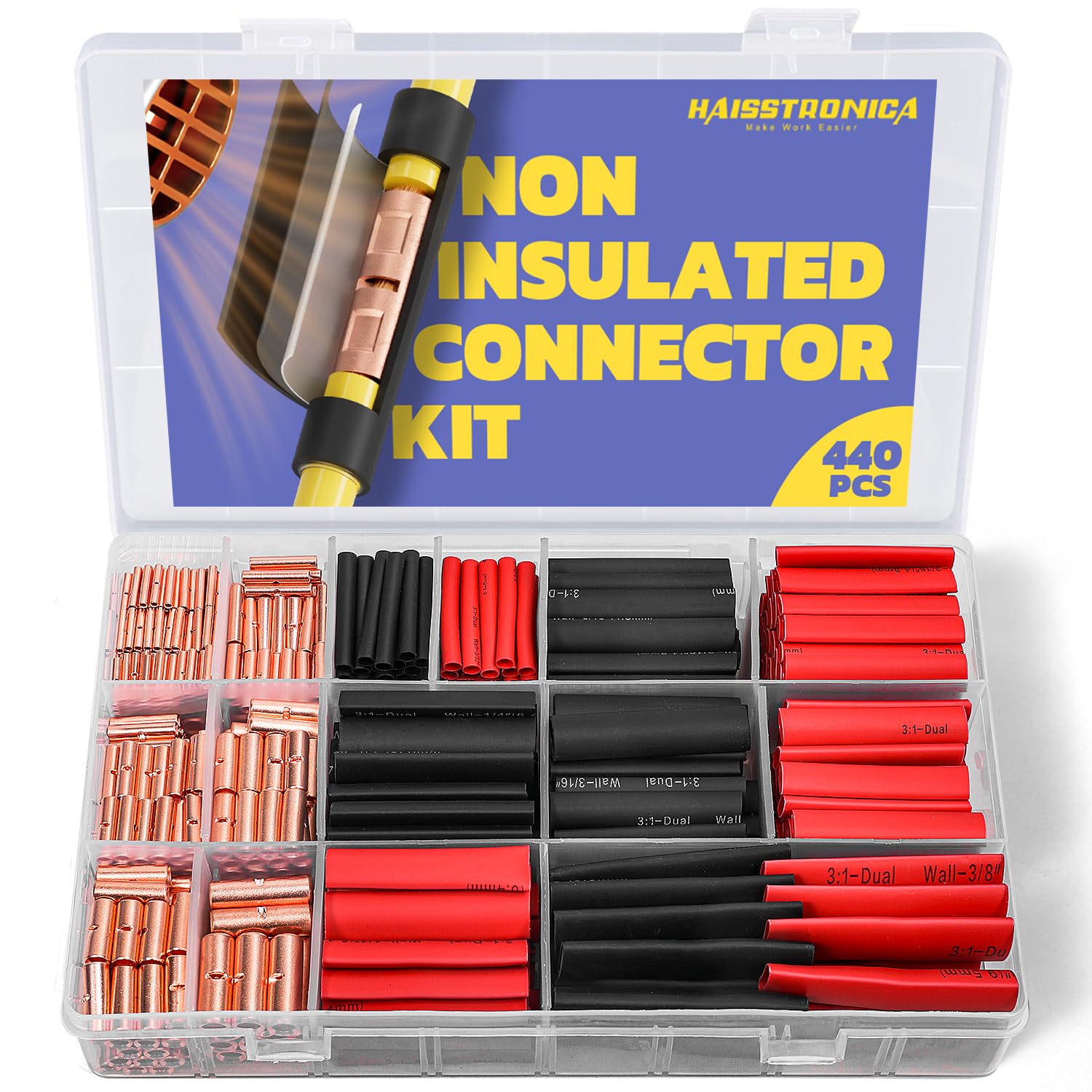 Haisstronica 440pcs non insulated terminal connector kit with copper butt sleeves and heat shrink tubing for installers