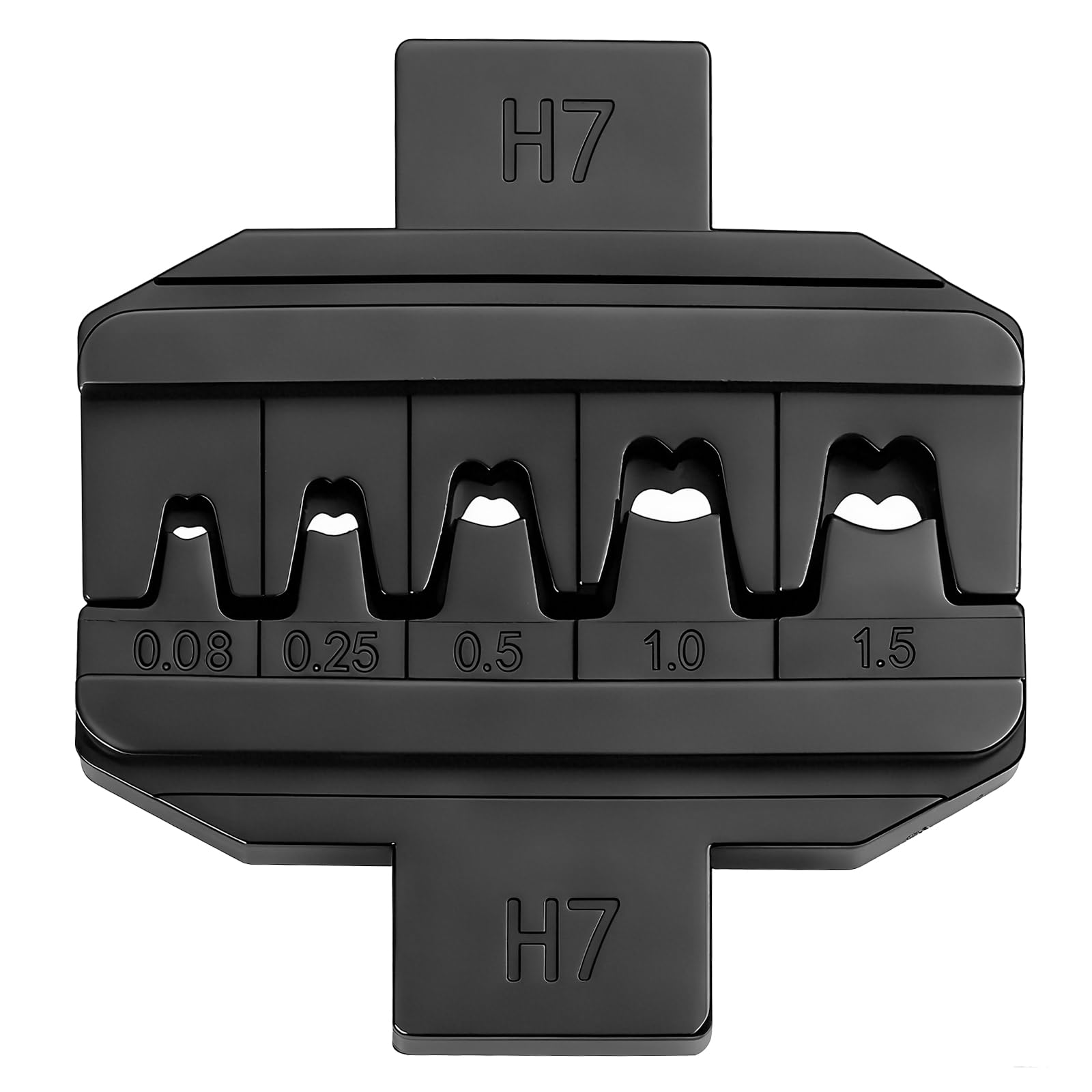 H7 black die for micro terminals, labeled 0.08–1.5, used with an electric crimp tool for precise small pins work.