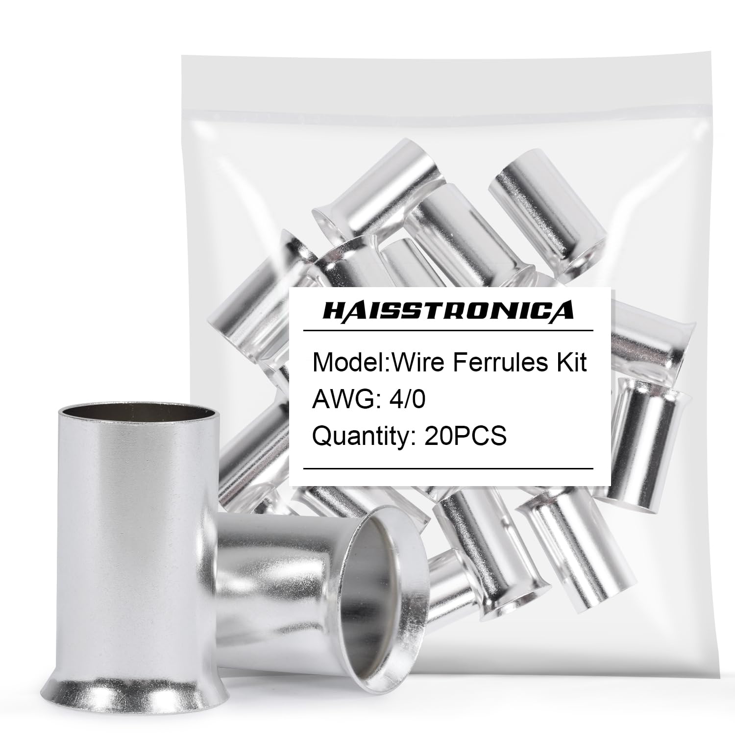 Wire ferrule kit for 4/0 AWG with 20PCS ferrules displayed in bag highlighting robust crimping and secure wiring.