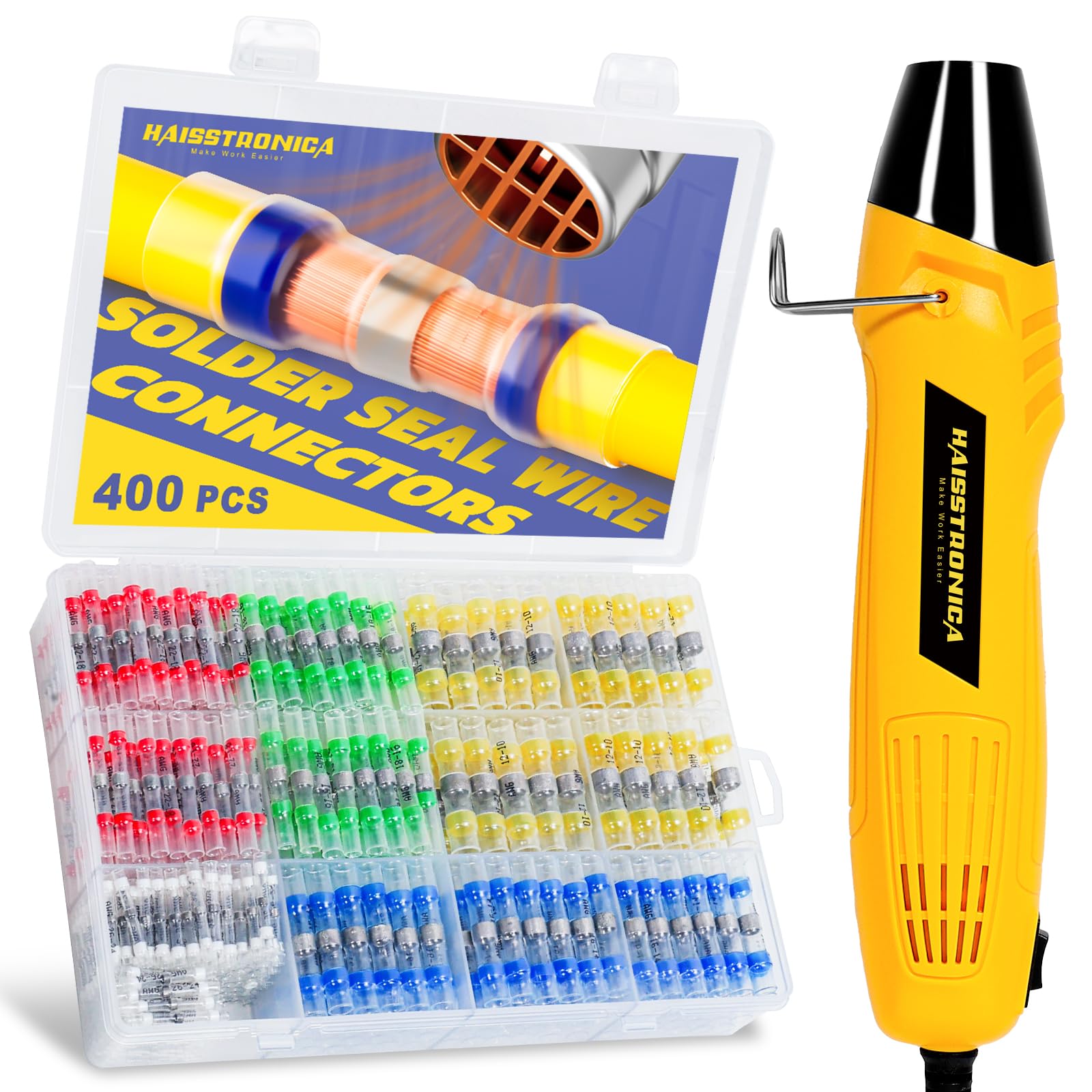 Haisstronica shrink sleeve heat gun kit with transparent case of color coded solder seal connectors for harness repairs.