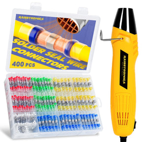 Haisstronica shrink sleeve heat gun kit with transparent case of color coded solder seal connectors for harness repairs.