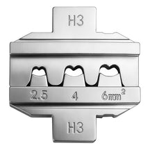 H3 die insert for solar connectors, sizes 2.5/4/6 mm², built for an electric cable crimping tool in PV wiring.