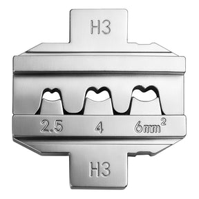 H3 die insert for solar connectors, sizes 2.5/4/6 mm², built for an electric cable crimping tool in PV wiring.