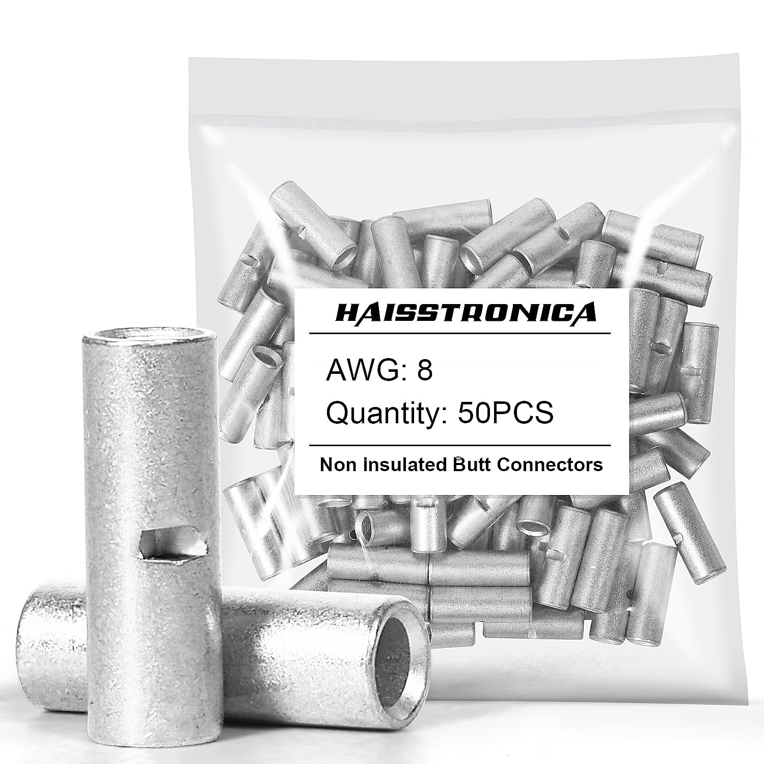Haisstronica non insulated butt splice connectors: 50pcs AWG8 set for high-amperage (62A) automotive/industrial wiring.