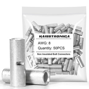 Haisstronica non insulated butt splice connectors: 50pcs AWG8 set for high-amperage (62A) automotive/industrial wiring.