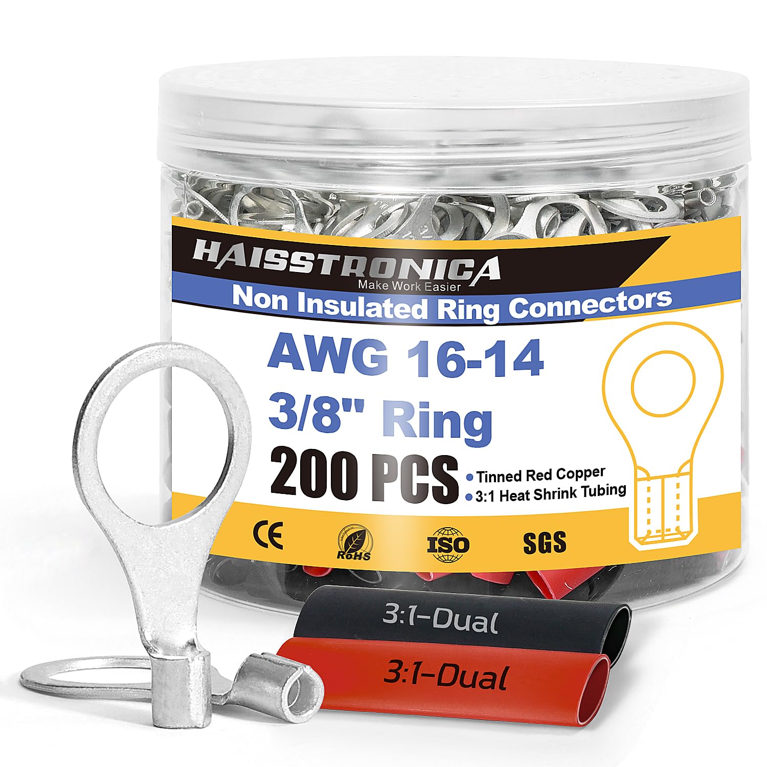 Haisstronica crimpers non-insulate ready fork connector jar with 200pcs uninsulated lugs and heat shrink tubing