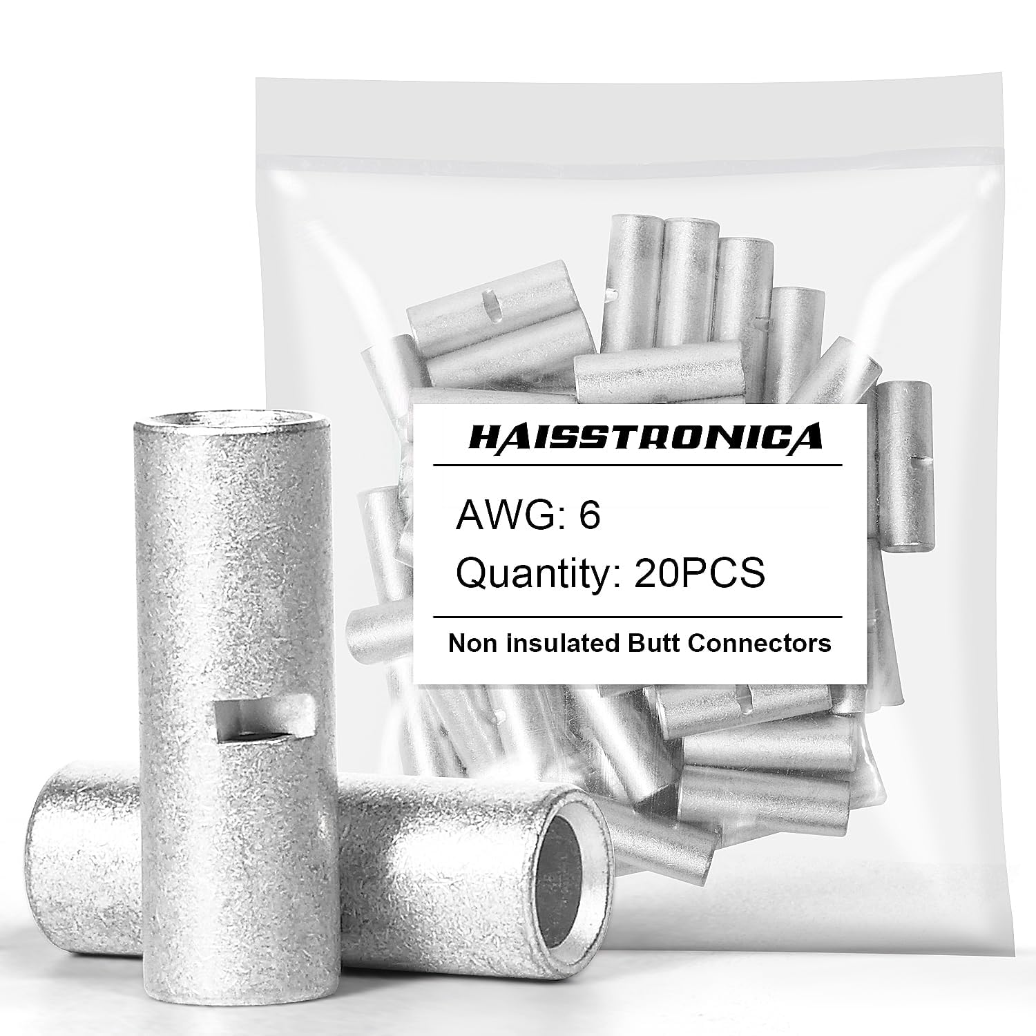 Haisstronica uninsulated butt splice: 20pcs AWG6 connectors rated for 86A current in heavy-duty electrical applications.