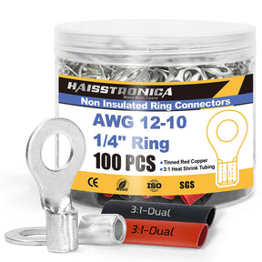 Haisstronica uninsulated ring terminals in clear jar with heat shrink tubing, for marine and automotive wiring.