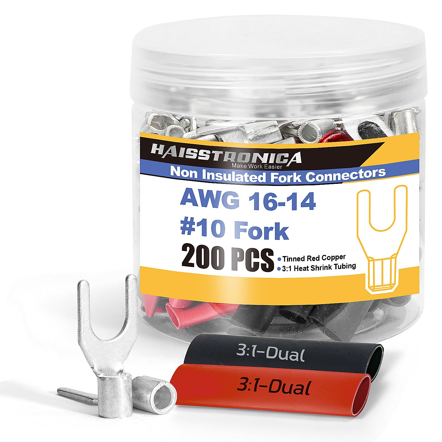 Jar of fork non insulated electrical connectors with heat shrink tubes, suited to vehicle wiring and cable repairs.