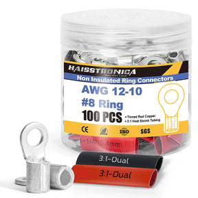 AWG 12-10 ring lugs supplied in jar, labeled non insulated, plus red and black heat shrink tubing for cable ends.