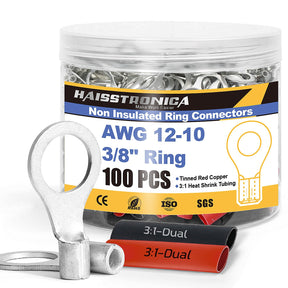 Haisstronica jar of ring lugs marked non-insulated, supplied with heat shrink tubing for marine and automotive wiring.