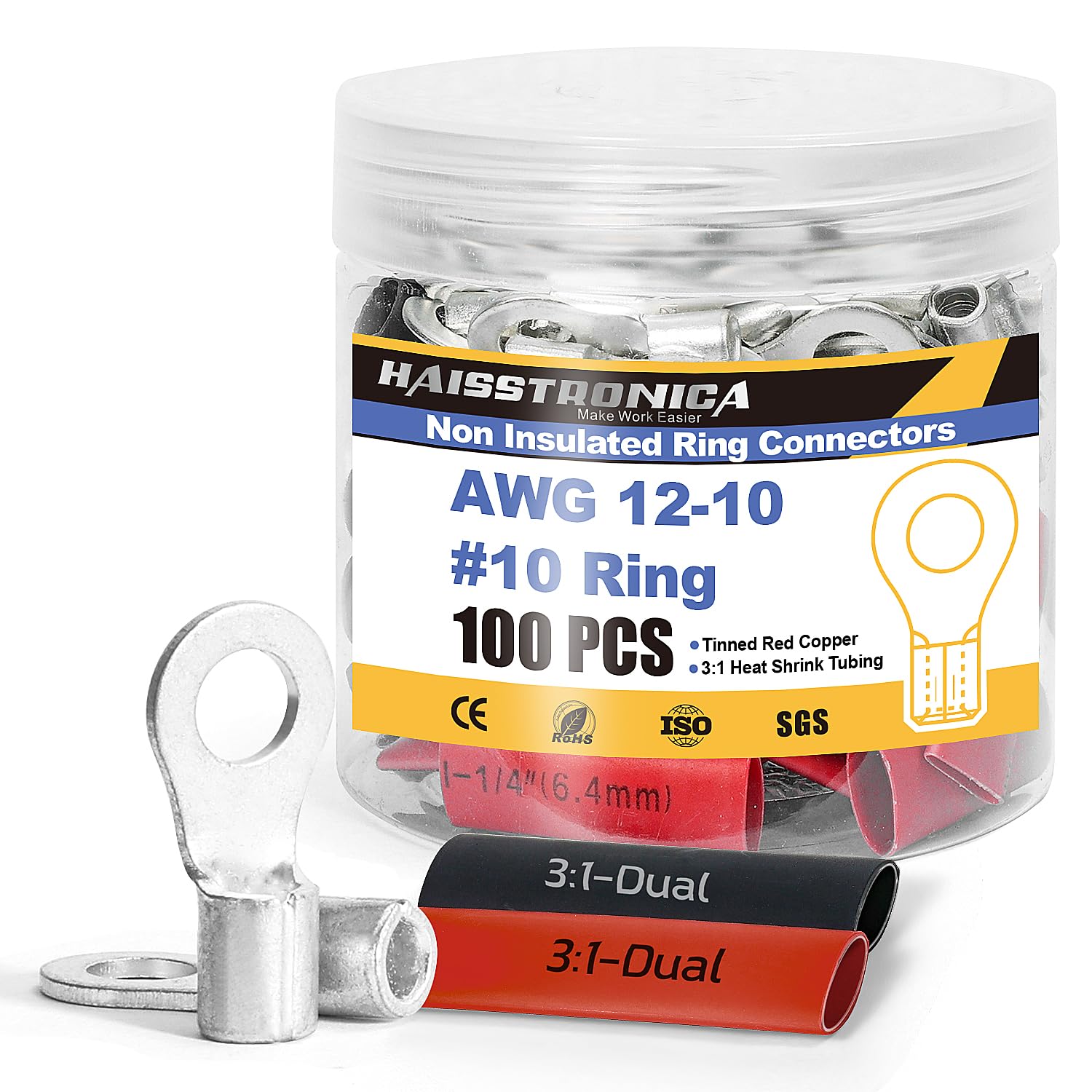 Non insulated ring connectors and shrink tubing before jar, ready to crimp onto uninsulated wire in automotive wiring.