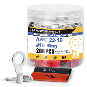 Non insulated butt splice support kit showing ring lugs jar and shrink tubing, intended to seal wiring in vehicles.