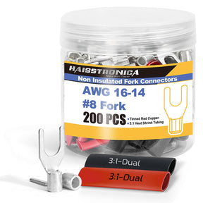 Fork non insulated lugs before jar, matching Haisstronica uninsulated connectors and heat shrink for wiring jobs.